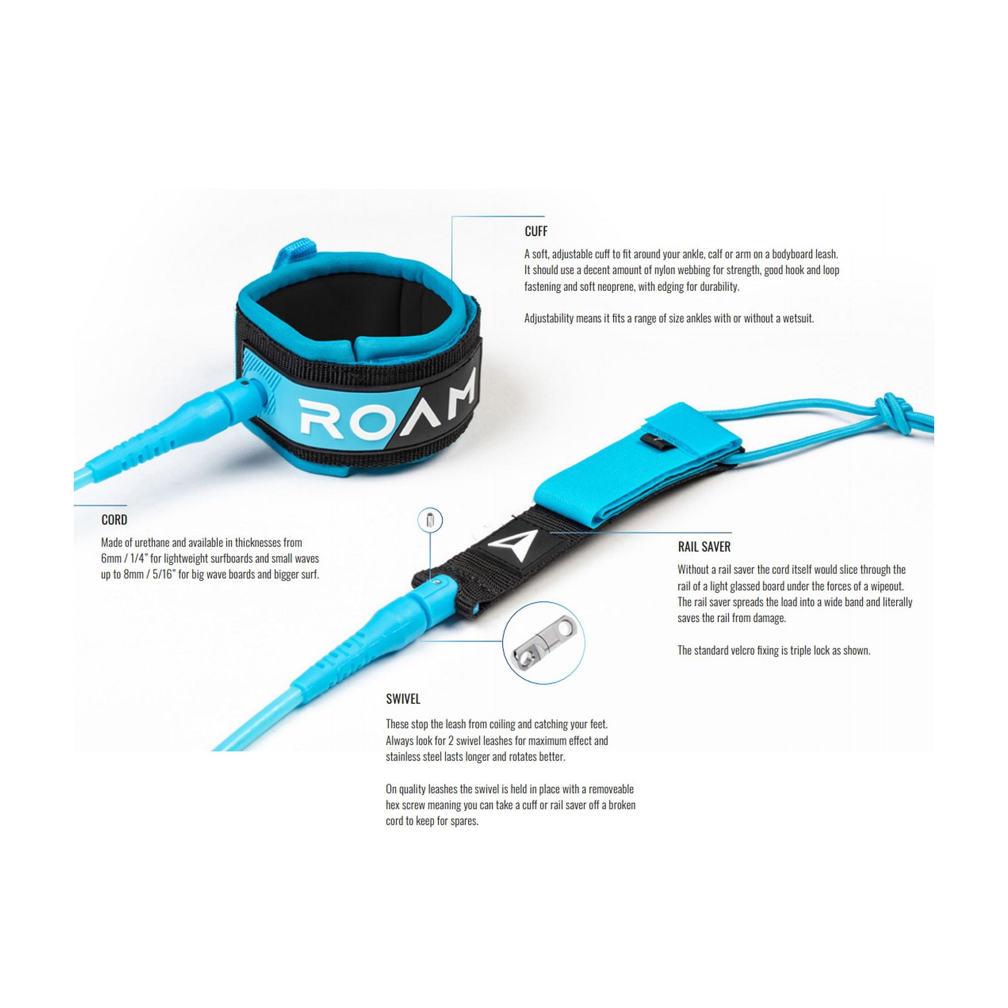 ROAM Premium 9.0 Surfboard Leash. Blue