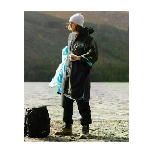 dryrobe advance short-sleeve black, blue, and camo changing robe